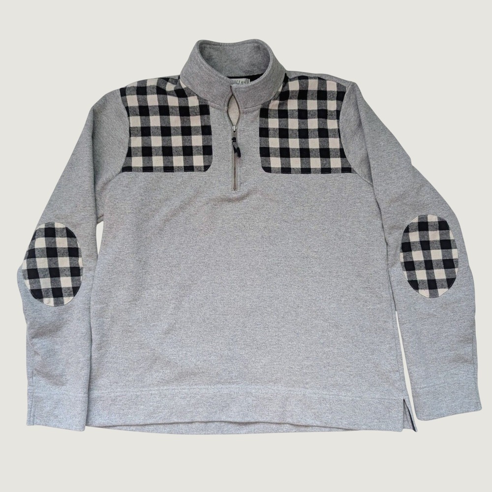 Orvis Gray Plaid Elbow Patch 1/4 Zip Mock Neck‎ Pullover Sweater Women's Size M